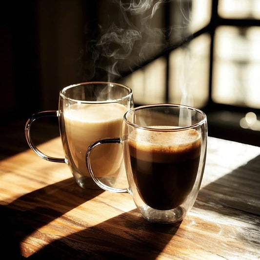 Double Walled Glass Mug 340ml / 12 Oz for coffee, Cappuccino,Tea,Latte,Espresso,Hot Beverage,Cold Drinks Mugs with Handle, Insulated Layer Coffee Cups, Clear Borosilicate Glass Mugs Set of 2