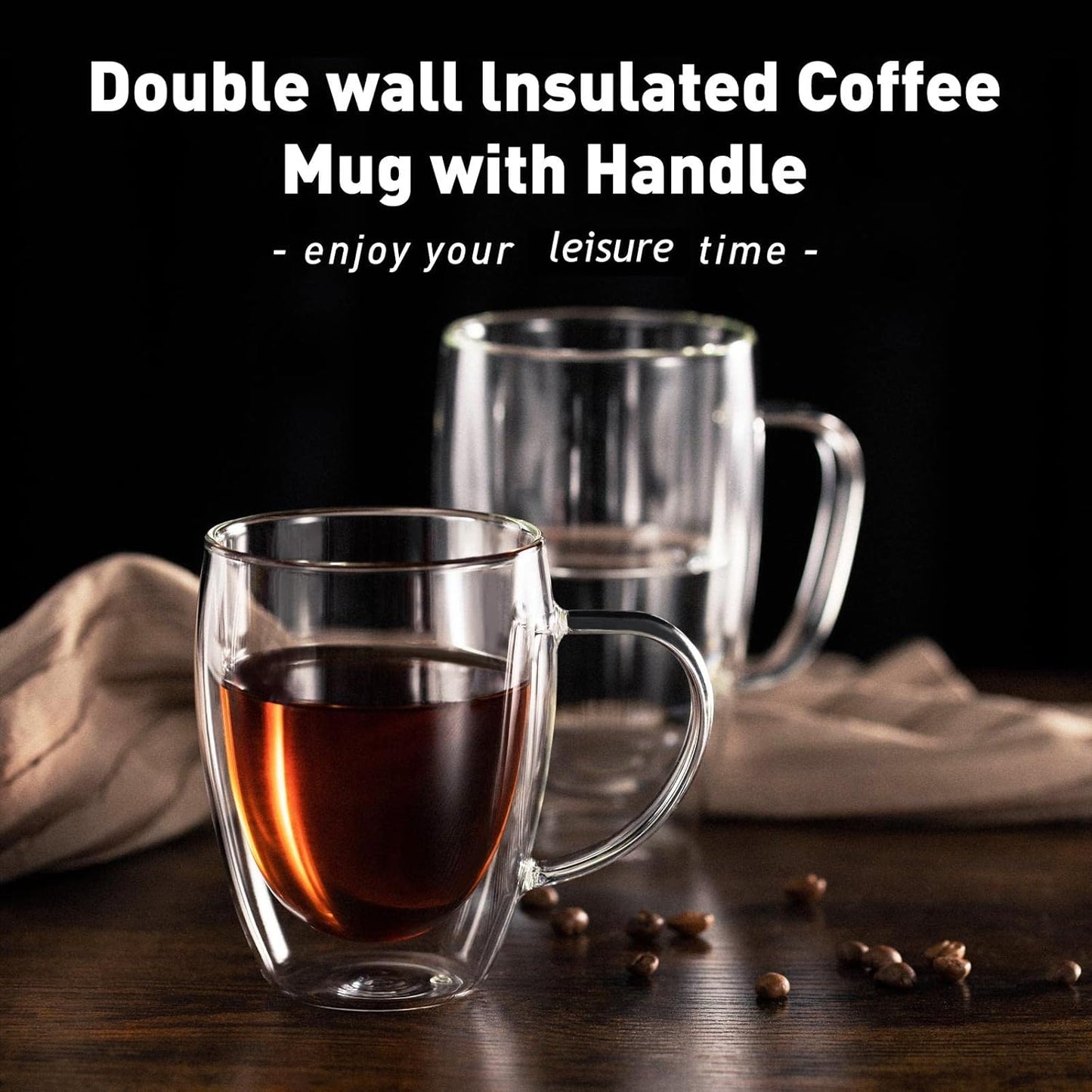 Double Walled Glass Mug 340ml / 12 Oz for coffee, Cappuccino,Tea,Latte,Espresso,Hot Beverage,Cold Drinks Mugs with Handle, Insulated Layer Coffee Cups, Clear Borosilicate Glass Mugs Set of 2