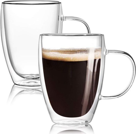 Double Walled Glass Mug 340ml / 12 Oz for coffee, Cappuccino,Tea,Latte,Espresso,Hot Beverage,Cold Drinks Mugs with Handle, Insulated Layer Coffee Cups, Clear Borosilicate Glass Mugs Set of 2