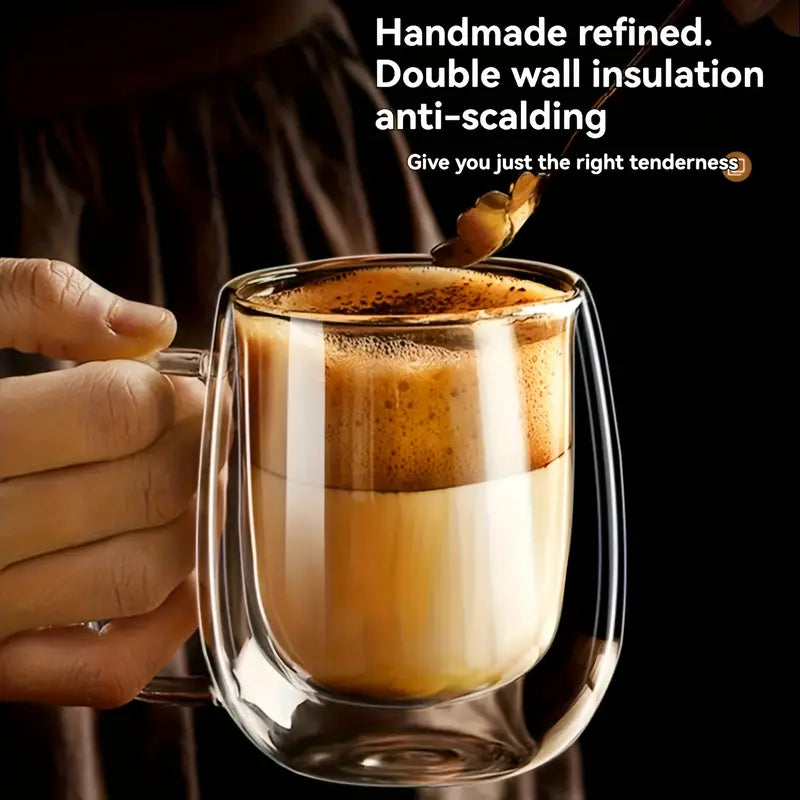 Double Walled Glass Mug 340ml / 12 Oz for coffee, Cappuccino,Tea,Latte,Espresso,Hot Beverage,Cold Drinks Mugs with Handle, Insulated Layer Coffee Cups, Clear Borosilicate Glass Mugs Set of 2