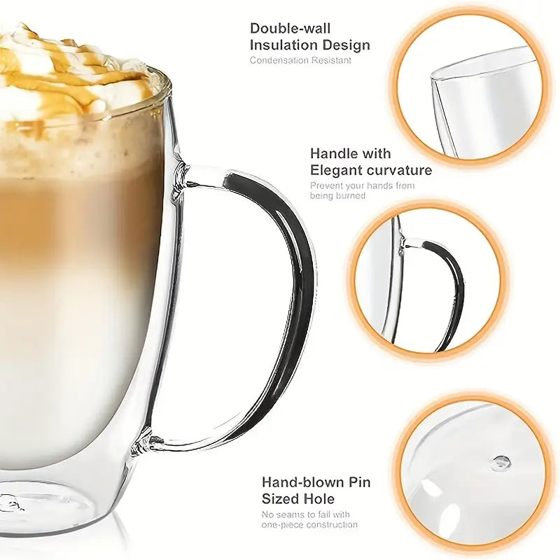 Double Walled Glass Mug 340ml / 12 Oz for coffee, Cappuccino,Tea,Latte,Espresso,Hot Beverage,Cold Drinks Mugs with Handle, Insulated Layer Coffee Cups, Clear Borosilicate Glass Mugs Set of 2