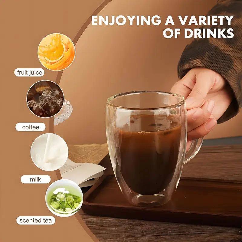 Double Walled Glass Mug 340ml / 12 Oz for coffee, Cappuccino,Tea,Latte,Espresso,Hot Beverage,Cold Drinks Mugs with Handle, Insulated Layer Coffee Cups, Clear Borosilicate Glass Mugs Set of 2