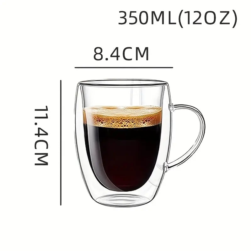 Double Walled Glass Mug 340ml / 12 Oz for coffee, Cappuccino,Tea,Latte,Espresso,Hot Beverage,Cold Drinks Mugs with Handle, Insulated Layer Coffee Cups, Clear Borosilicate Glass Mugs Set of 2