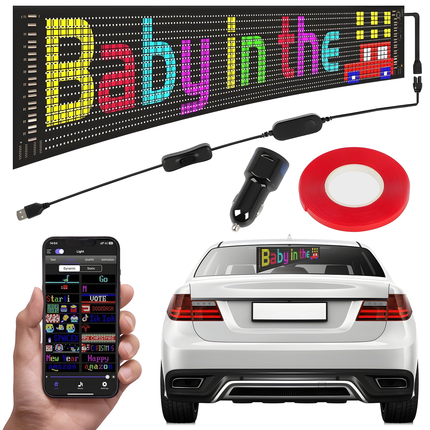 Cars LED Sign, Led Matrix Flaxible Pannels,Blutooth App Control,Custom Tax Patten Animated Light for Shop,Cars,Trucks,Hotels 5V16X96,59cmX12cm