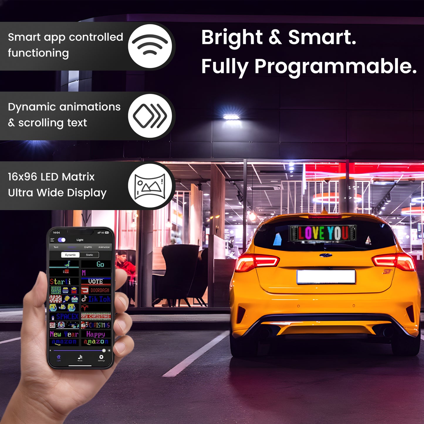 Cars LED Sign, Led Matrix Flaxible Pannels,Blutooth App Control,Custom Tax Patten Animated Light for Shop,Cars,Trucks,Hotels 5V16X96,59cmX12cm