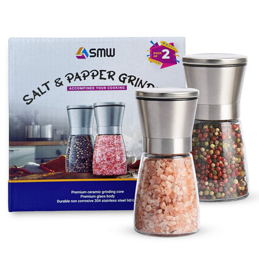 Premium Stainless Steel Sea Salt and Pepper Grinder, Adjustable Ceramic Salt and Pepper Shakers- Kitchen Spice Mill Short Glass Set of -2