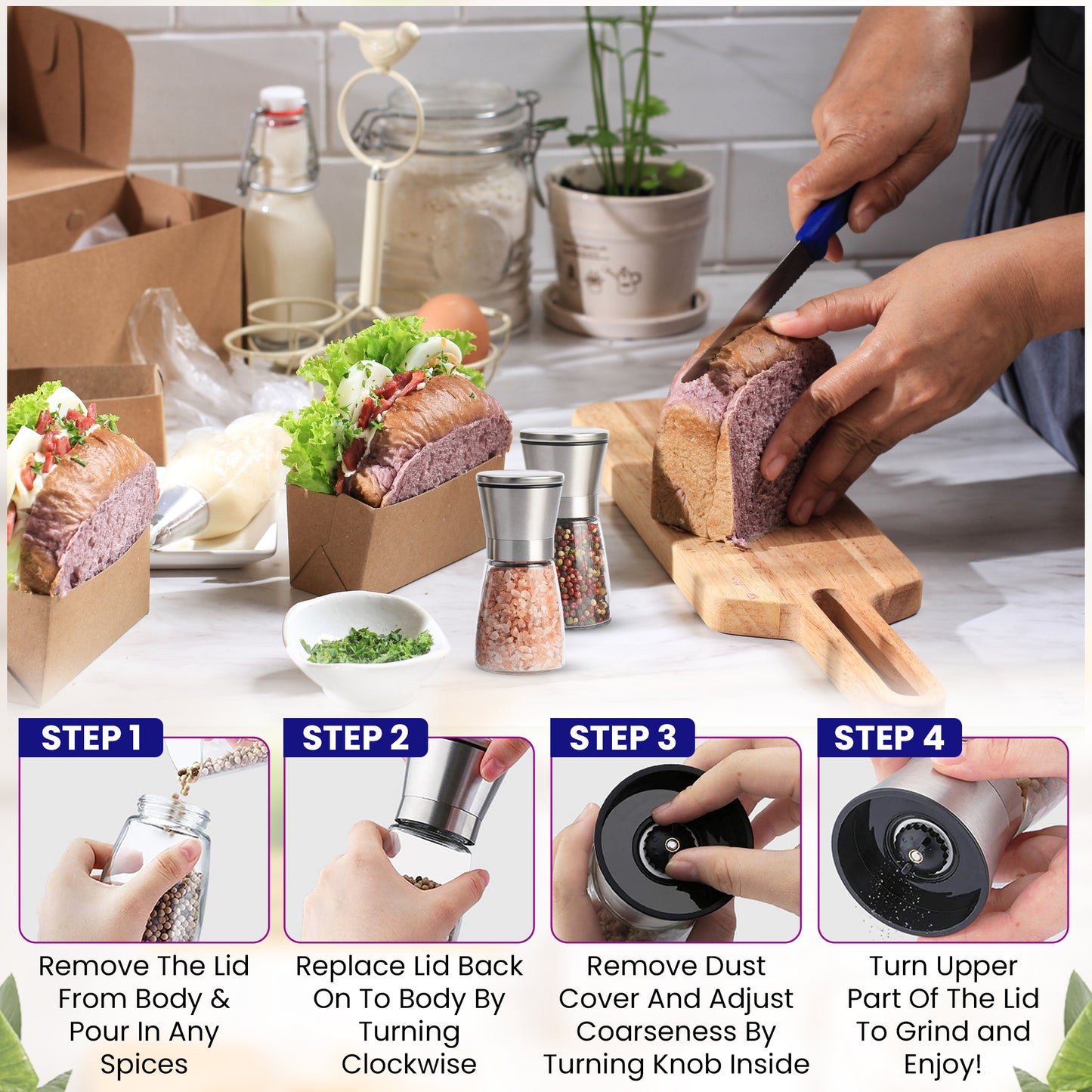 Premium Stainless Steel Sea Salt and Pepper Grinder, Adjustable Ceramic Salt and Pepper Shakers- Kitchen Spice Mill Short Glass Set of -2