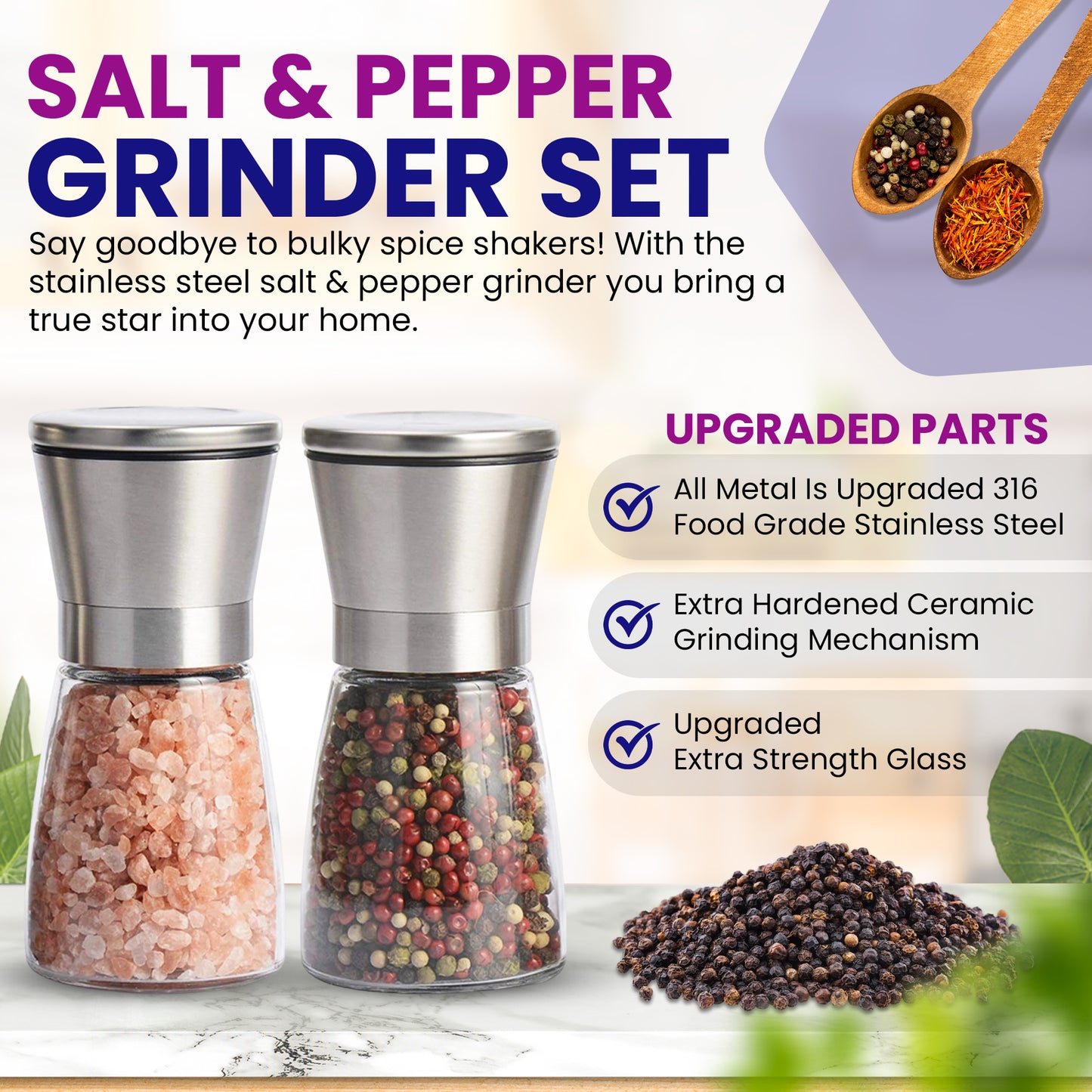 Premium Stainless Steel Sea Salt and Pepper Grinder, Adjustable Ceramic Salt and Pepper Shakers- Kitchen Spice Mill Short Glass Set of -2