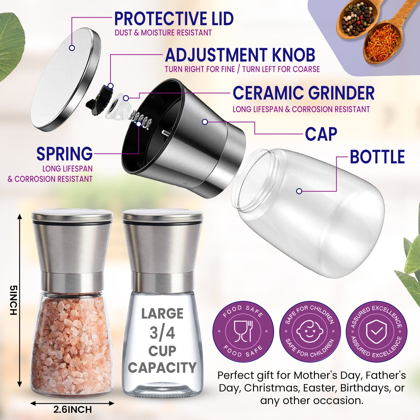 Premium Stainless Steel Sea Salt and Pepper Grinder, Adjustable Ceramic Salt and Pepper Shakers- Kitchen Spice Mill Short Glass Set of -2