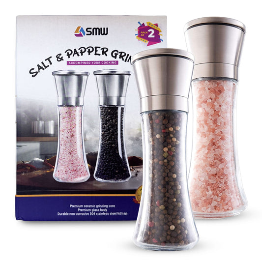 Premium Stainless Steel Sea Salt and Pepper Grinder,Adjustable Ceramic Salt and Pepper Shakers- Kitchen Spice Mill Tall Glass Set of -2