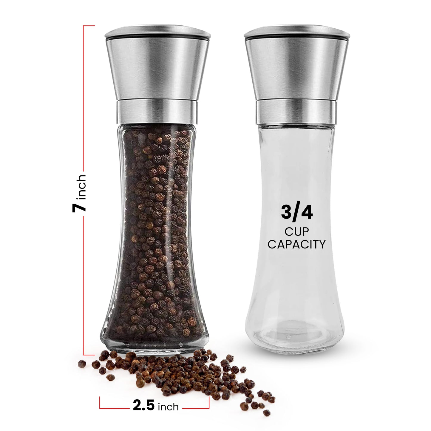Premium Stainless Steel Sea Salt and Pepper Grinder,Adjustable Ceramic Salt and Pepper Shakers- Kitchen Spice Mill Tall Glass Set of -2