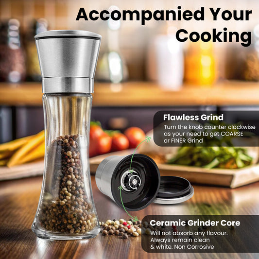 Premium Stainless Steel Sea Salt and Pepper Grinder,Adjustable Ceramic Salt and Pepper Shakers- Kitchen Spice Mill Tall Glass Set of -2