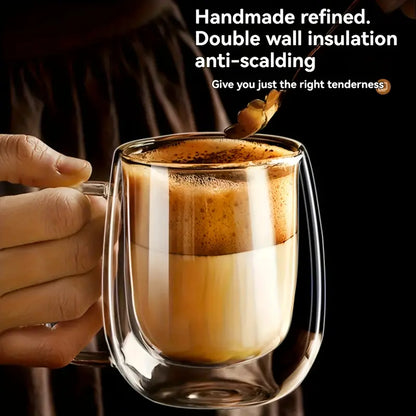Double Walled Glass Mug 340ml / 12 Oz for coffee, Cappuccino,Tea,Latte,Espresso,Hot Beverage,Cold Drinks Mugs with Handle, Insulated Layer Coffee Cups, Clear Borosilicate Glass Mugs Set of 2