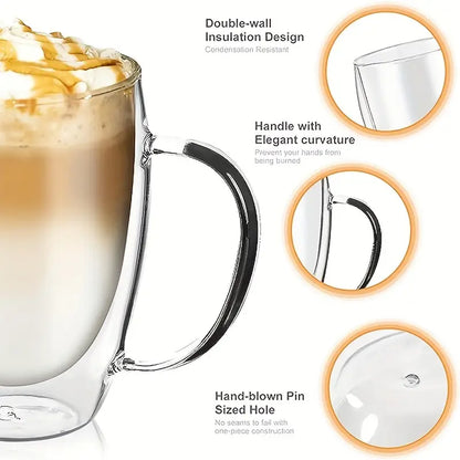 Double Walled Glass Mug 340ml / 12 Oz for coffee, Cappuccino,Tea,Latte,Espresso,Hot Beverage,Cold Drinks Mugs with Handle, Insulated Layer Coffee Cups, Clear Borosilicate Glass Mugs Set of 2
