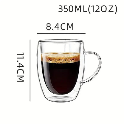 Double Walled Glass Mug 340ml / 12 Oz for coffee, Cappuccino,Tea,Latte,Espresso,Hot Beverage,Cold Drinks Mugs with Handle, Insulated Layer Coffee Cups, Clear Borosilicate Glass Mugs Set of 2