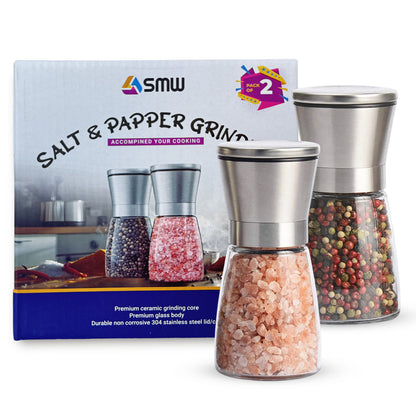 Premium Stainless Steel Sea Salt and Pepper Grinder, Adjustable Ceramic Salt and Pepper Shakers- Kitchen Spice Mill Short Glass Set of -2