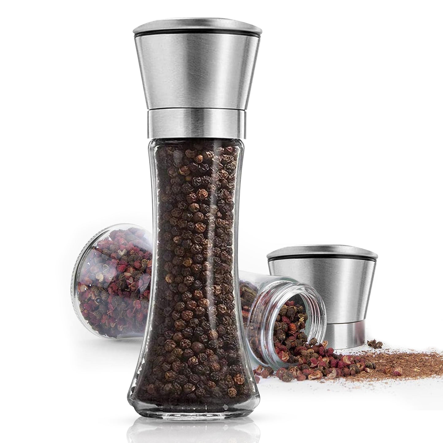 Premium Stainless Steel Sea Salt and Pepper Grinder,Adjustable Ceramic Salt and Pepper Shakers- Kitchen Spice Mill Tall Glass Set of -2
